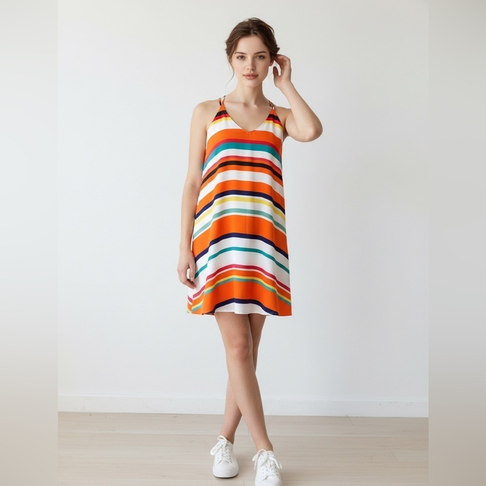 Elaine Rose Orange Red White Multicolor Striped Summer Midi Dress size 8 187 - Picture 1 of 10